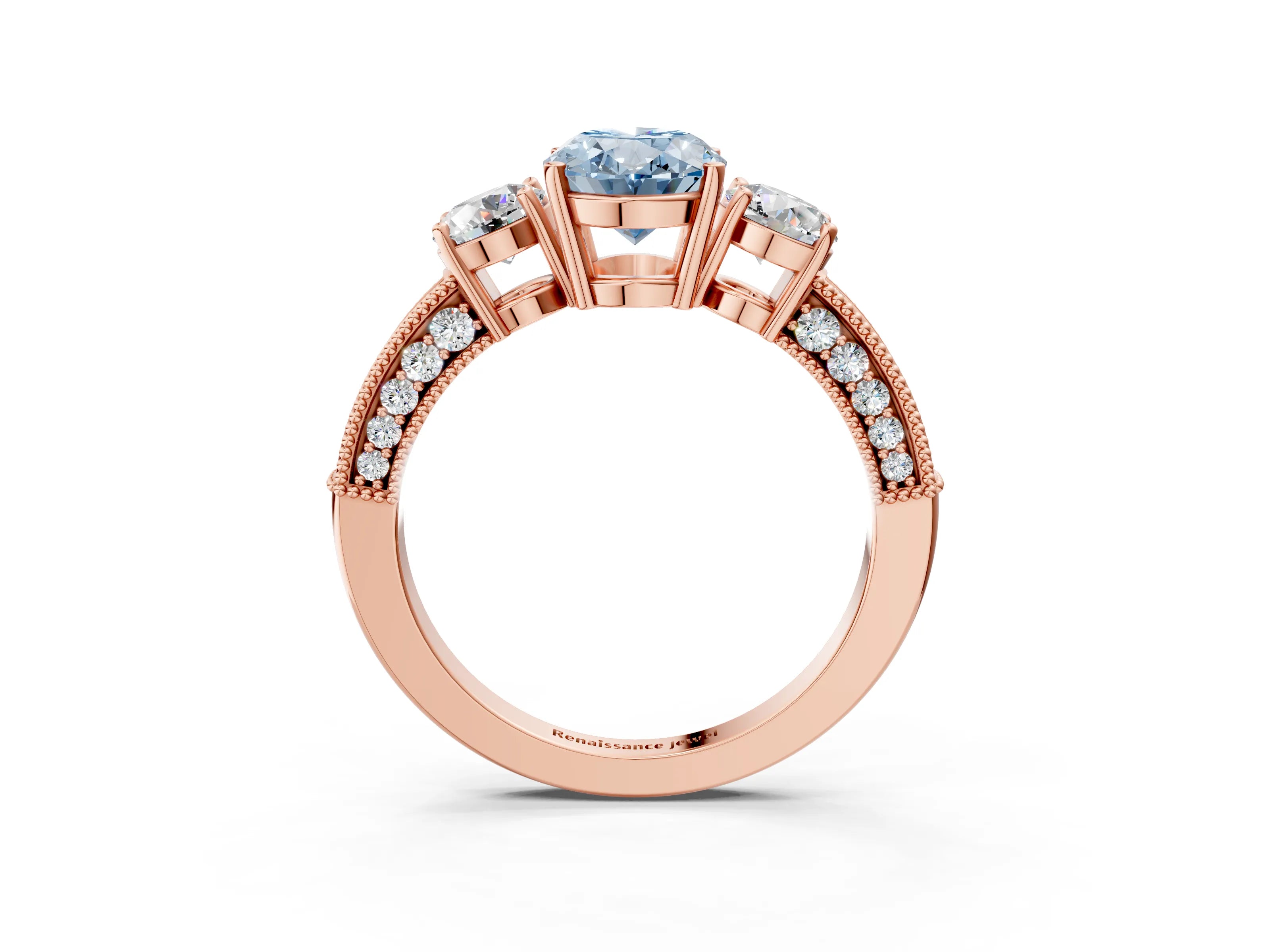 Rose gold Fancy Blue Oval Cut Three-Stone Diamond Ring with Pavé Band and Four-Prong Setting_3