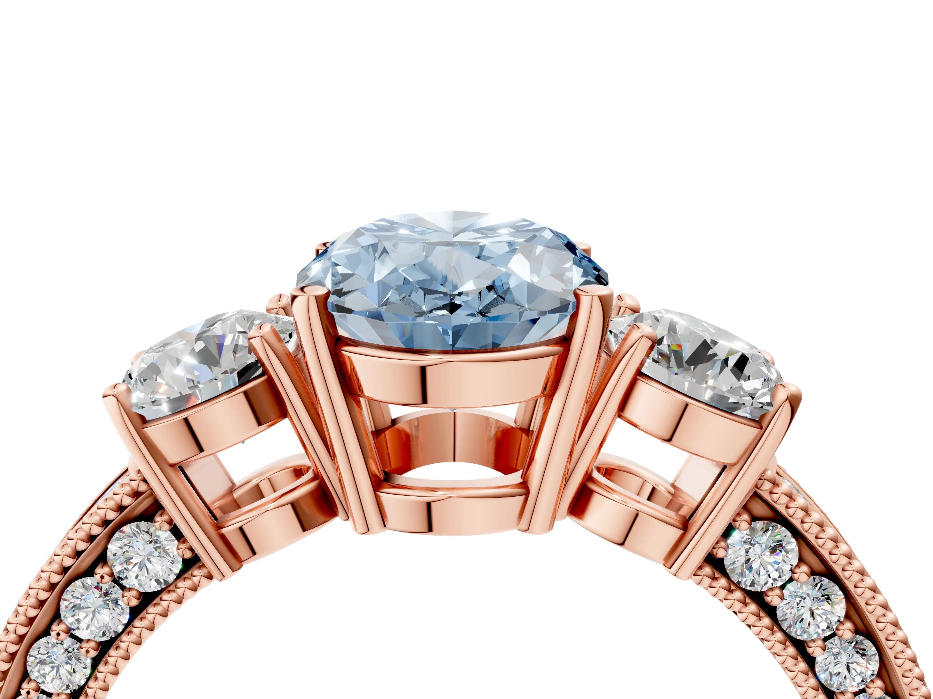 Rose gold Fancy Blue Oval Cut Three-Stone Diamond Ring with Pavé Band and Four-Prong Setting_4
