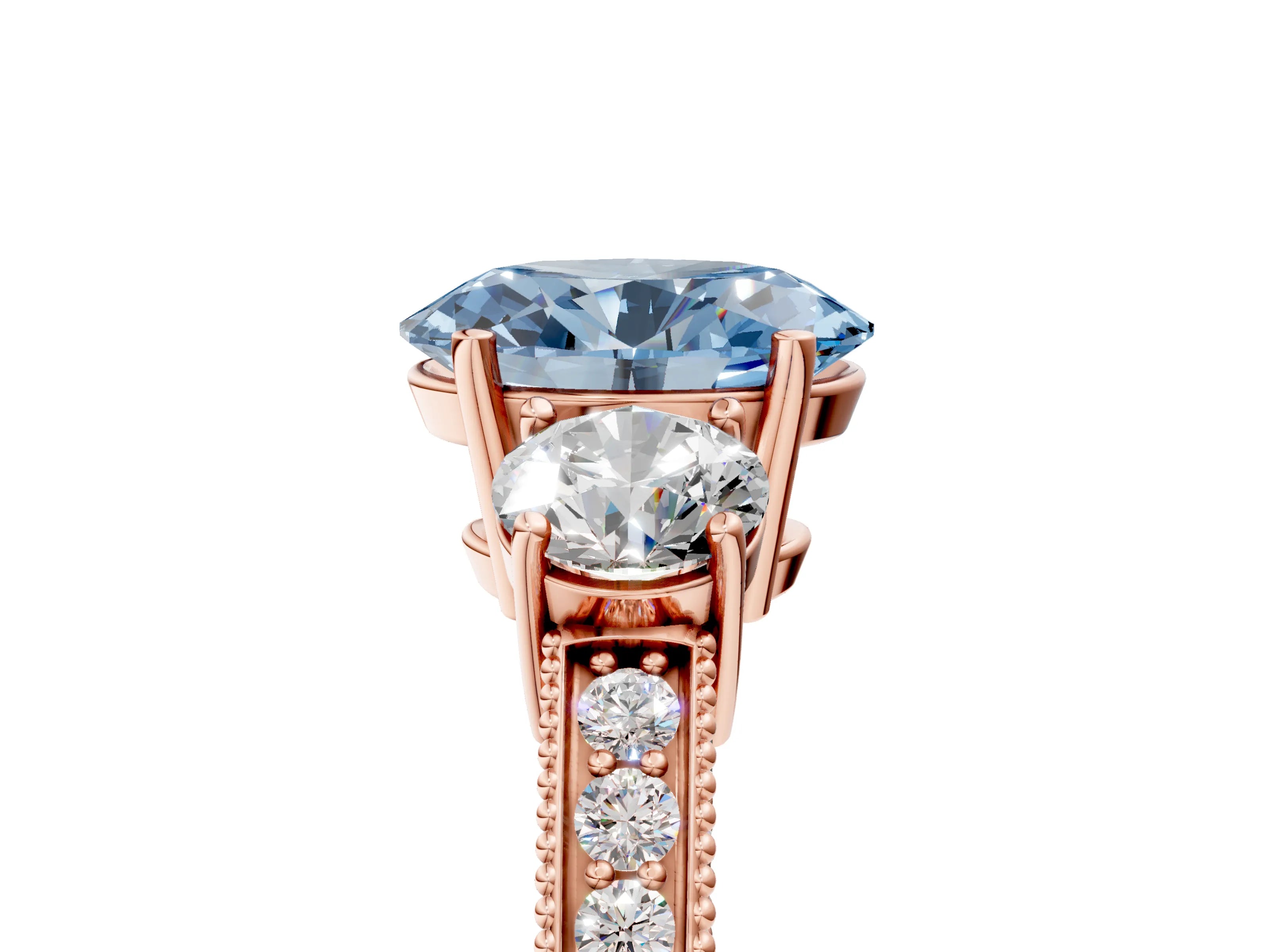 Rose gold Fancy Blue Oval Cut Three-Stone Diamond Ring with Pavé Band and Four-Prong Setting_5