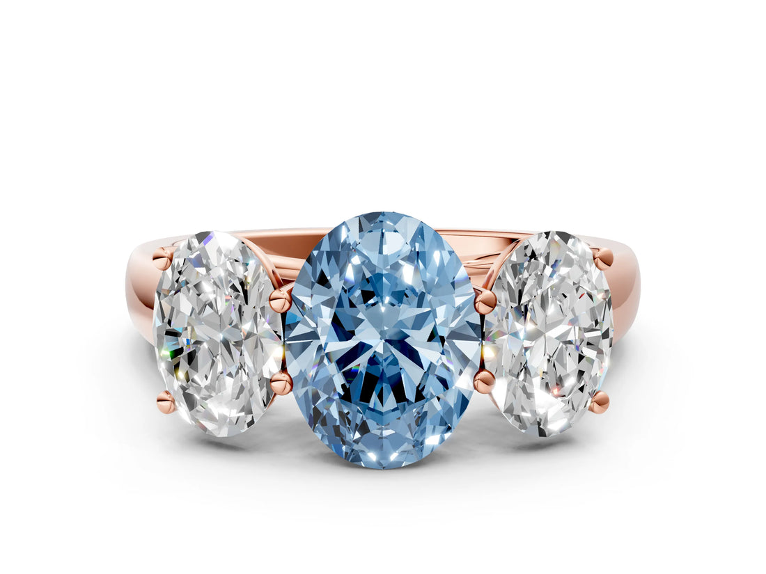 Rose gold Fancy Blue Oval Cut Three-Stone Diamond Ring with Prong Setting on a Classic Band_12