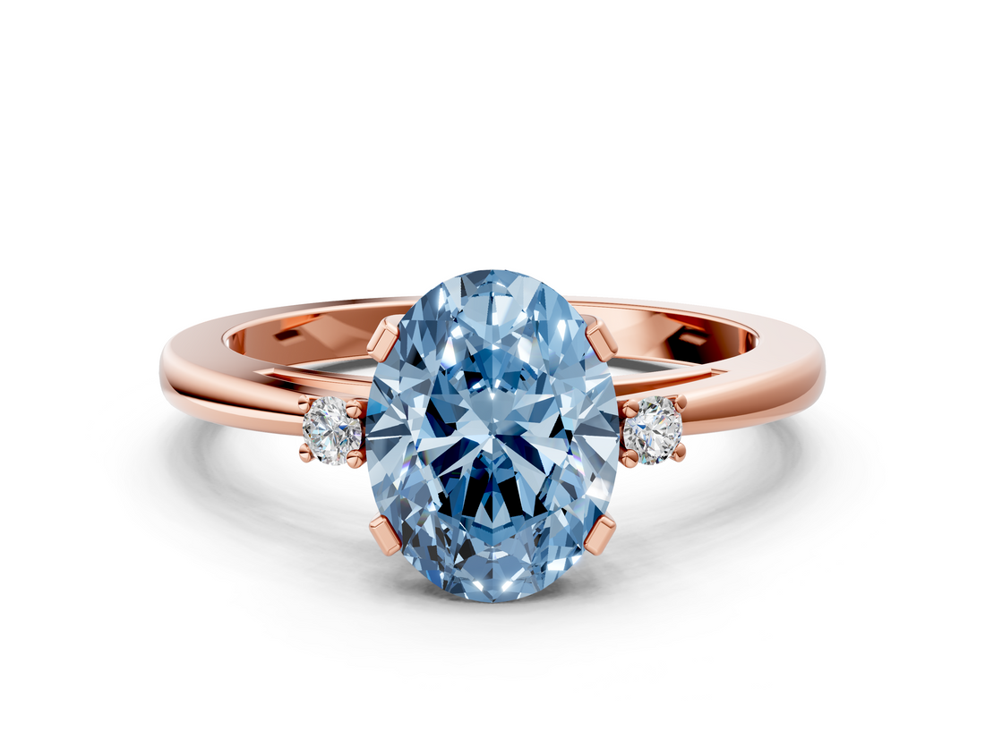 Rose gold Fancy Blue Oval  Cut Three-Stone Solitaire Ring with Round Accent Diamonds and Four-Prong Setting_18