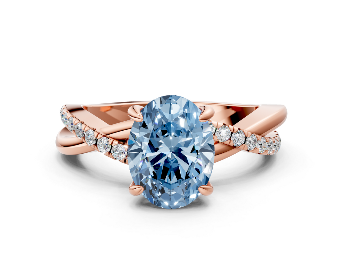Rose gold Fancy Blue Oval  Cut Twist Band Solitaire Diamond Ring with Pavé Setting_3
