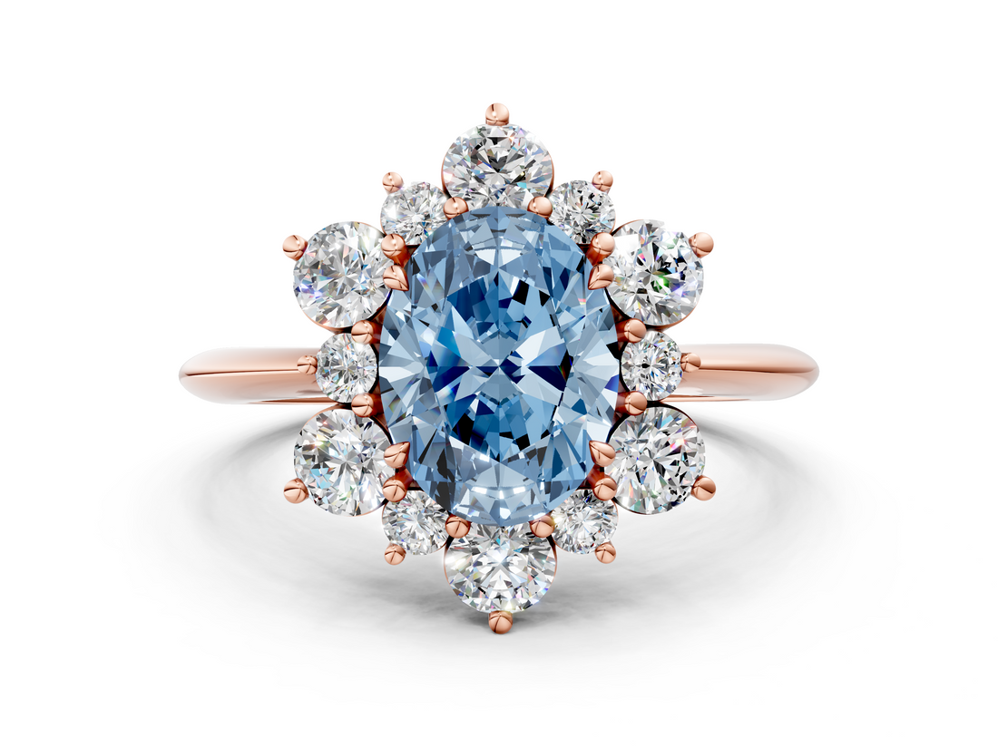 Rose gold Fancy Blue Oval  Diamond Cluster Halo Ring with Solitaire Band and Four-Prong Setting_20