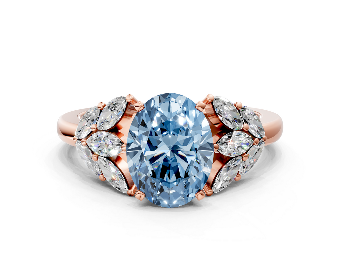 Rose gold Fancy Blue Oval  Diamond Cluster Leaf Design Ring with Prong Setting_50