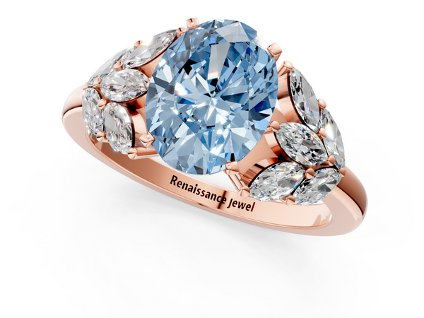 Rose Gold Oval Cluster Leaf Engagement Ring Setting for Fancy Blue Center with Marquise Accents