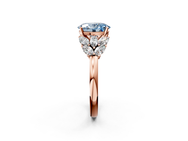 Rose Gold Oval Cluster Leaf Engagement Ring Setting for Fancy Blue Center with Marquise Accents