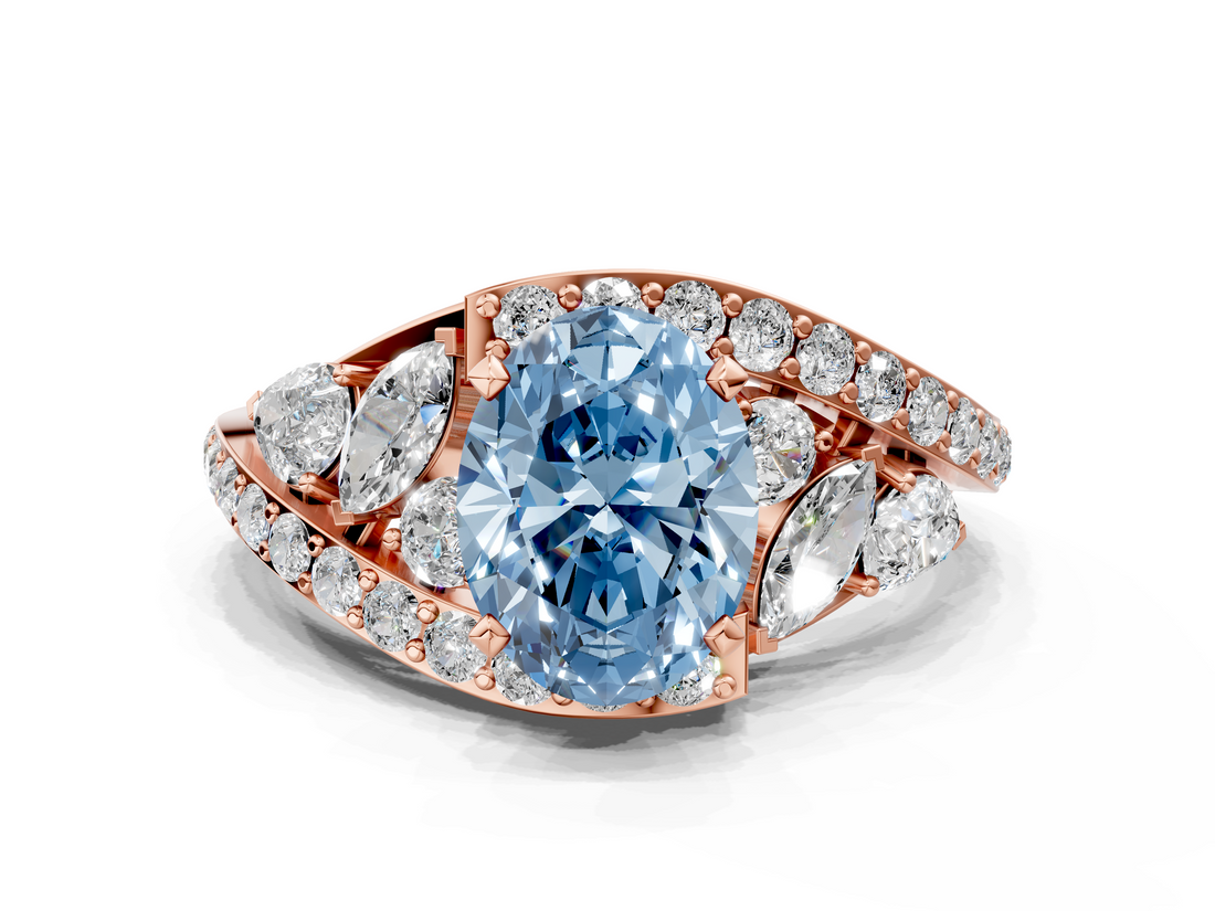 Rose gold Fancy Blue Oval  Diamond Halo Ring with Marquise and Pavé Band in Prong Setting_73