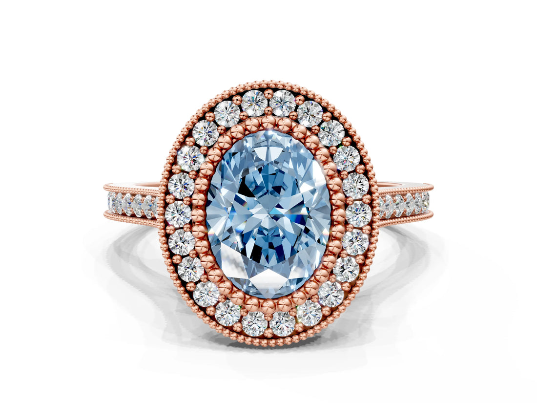 Rose gold Fancy Blue Oval  Diamond Halo Ring with Milgrain Frame and Pavé Band_59
