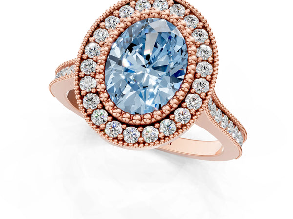 Rose gold Fancy Blue Oval  Diamond Halo Ring with Milgrain Frame and Pavé Band