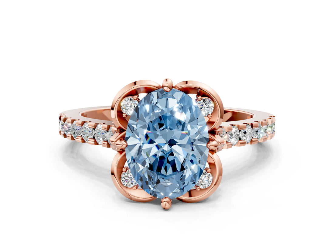Rose gold Fancy Blue Oval  Diamond Pave Band with Floral Prong Setting_27