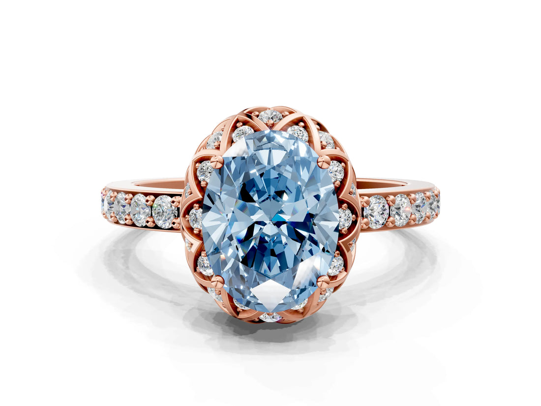 Rose gold Fancy Blue Oval  Diamond Solitaire Ring with Shared Prong Pavé Band_54