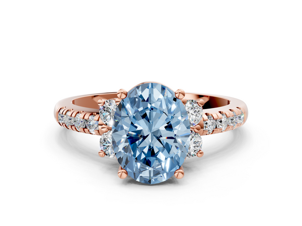 Rose gold Fancy Blue Oval  Diamond Three-Stone Pave Band with Four-Prong Setting