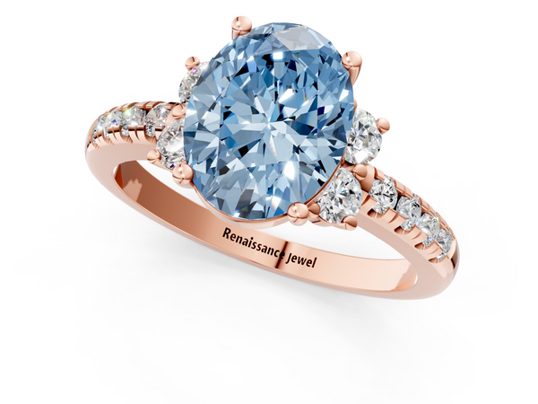 Rose gold Fancy Blue Oval  Diamond Three-Stone Pave Band with Four-Prong Setting