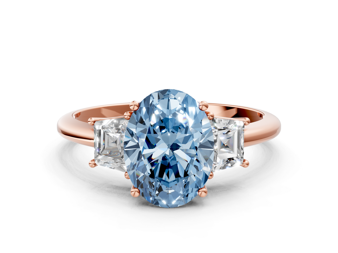 Rose gold Fancy Blue Oval  Diamond Three-Stone Ring with Trapezoid Side Stones and Prong Setting_17