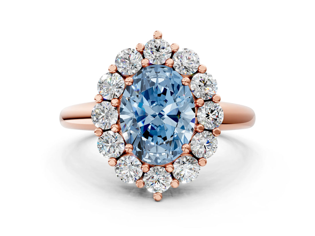 Rose gold Fancy Blue Oval  Halo Cluster Diamond Engagement Ring with Prong Setting and Polished Band_99