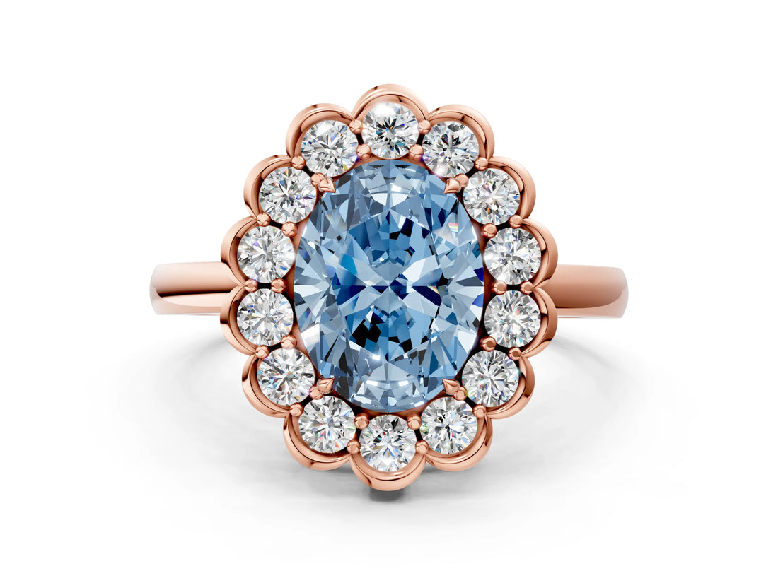 Rose gold Fancy Blue Oval  Halo Cluster Diamond Engagement Ring with Solitaire Band and Prong Setting_65