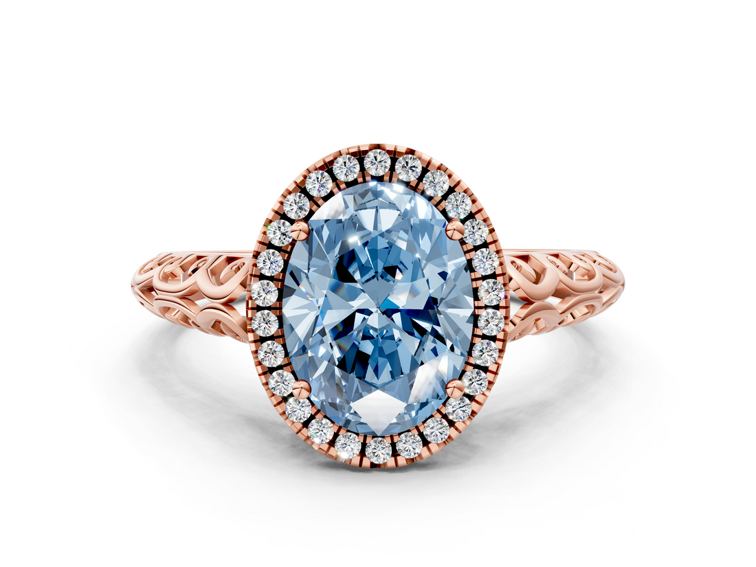 Rose gold Fancy Blue Oval  Halo Diamond Engagement Ring with Intricate Filigree Band and Four-Prong Setting_37