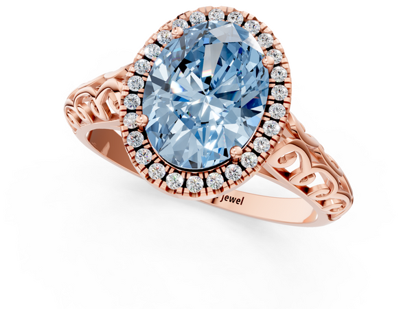 Rose gold Fancy Blue Oval  Halo Diamond Engagement Ring with Intricate Filigree Band and Four-Prong Setting