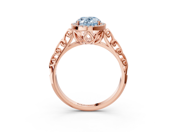 Rose gold Fancy Blue Oval  Halo Diamond Engagement Ring with Intricate Filigree Band and Four-Prong Setting