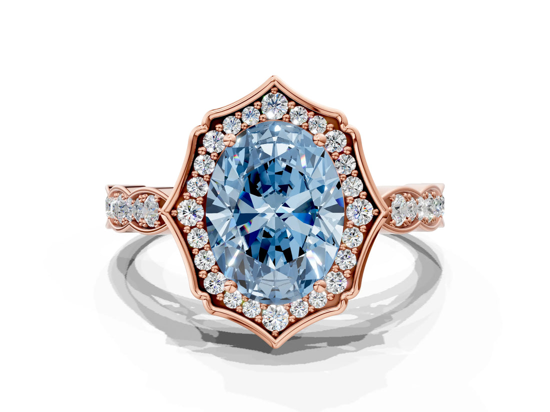 Rose gold Fancy Blue Oval  Halo Diamond Engagement Ring with Milgrain Band and Four-Prong Setting_54