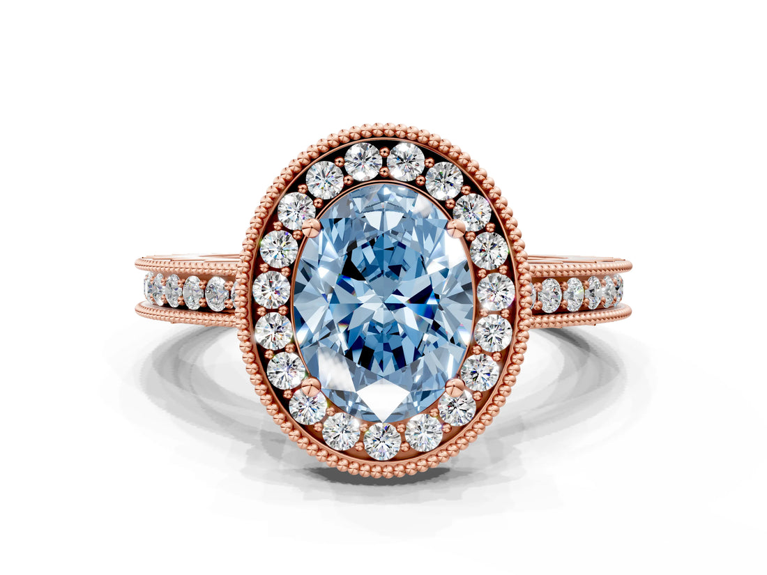 Rose gold Fancy Blue Oval  Halo Diamond Engagement Ring with Milgrain Pave Band and Four-Prong Setting_111