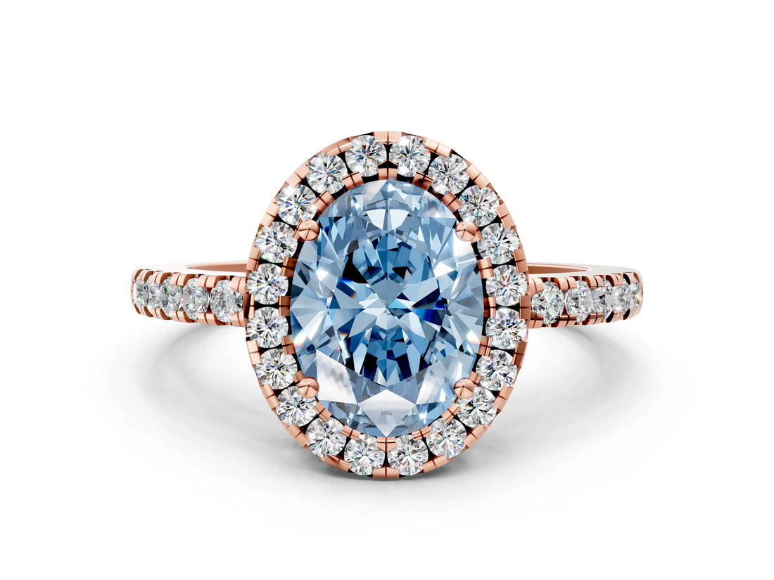 Rose gold Fancy Blue Oval  Halo Diamond Engagement Ring with Pavé Band and Four-Prong Setting_99