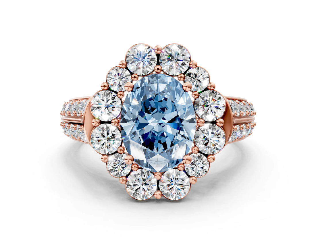 Rose gold Fancy Blue Oval  Halo Diamond Engagement Ring with Split Shank and Prong Setting_66