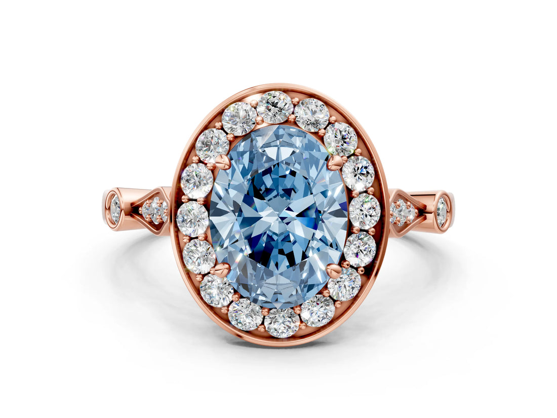 Rose gold Fancy Blue Oval  Halo Diamond Engagement Ring with Twisted Band and Four-Prong Setting