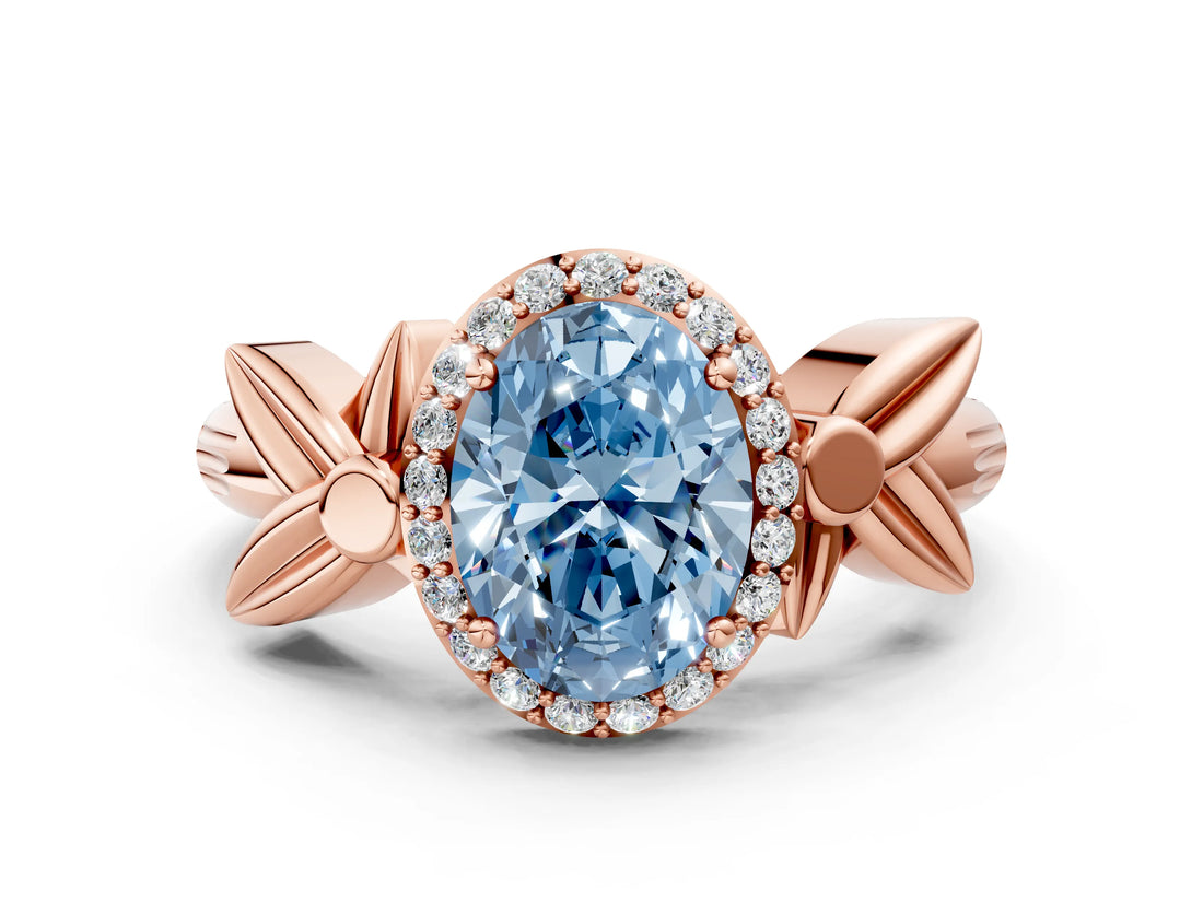 Rose gold Fancy Blue Oval  Halo Diamond Floral Band with Four-Prong Setting_53