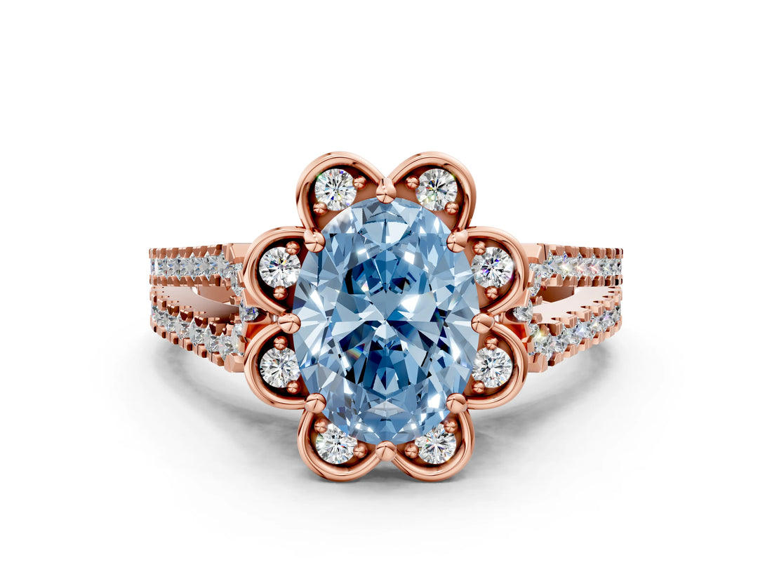 Rose gold Fancy Blue Oval  Halo Diamond Floral Split Shank Engagement Ring 1