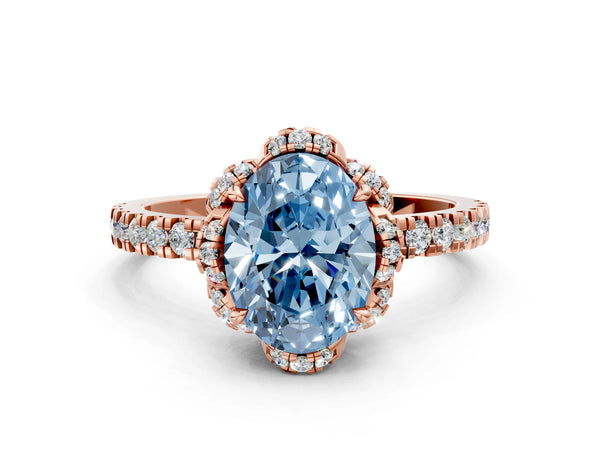 Rose gold Fancy Blue Oval  Halo Diamond Pave Band Ring with Four-Prong Setting