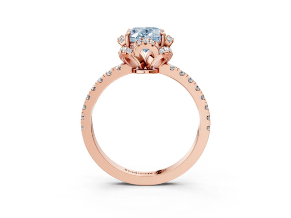 Rose gold Fancy Blue Oval  Halo Diamond Pave Band Ring with Four-Prong Setting