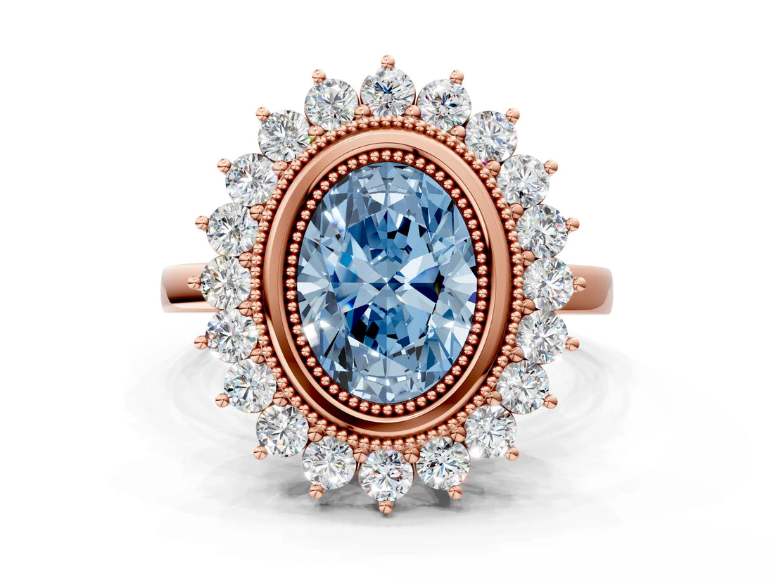 Rose gold Fancy Blue Oval  Halo Diamond Ring with Milgrain Edge and Round Prong Setting_25