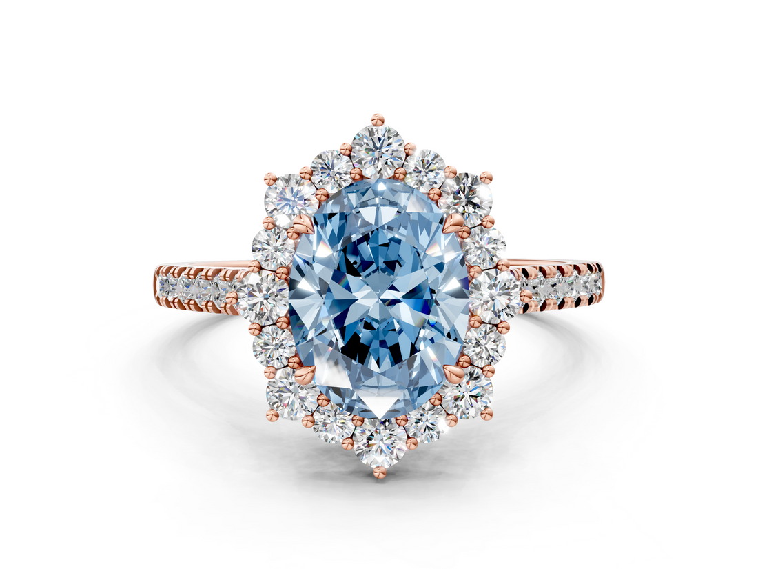 Rose gold Fancy Blue Oval  Halo Diamond Ring with Pavé Band and Prong Setting_37