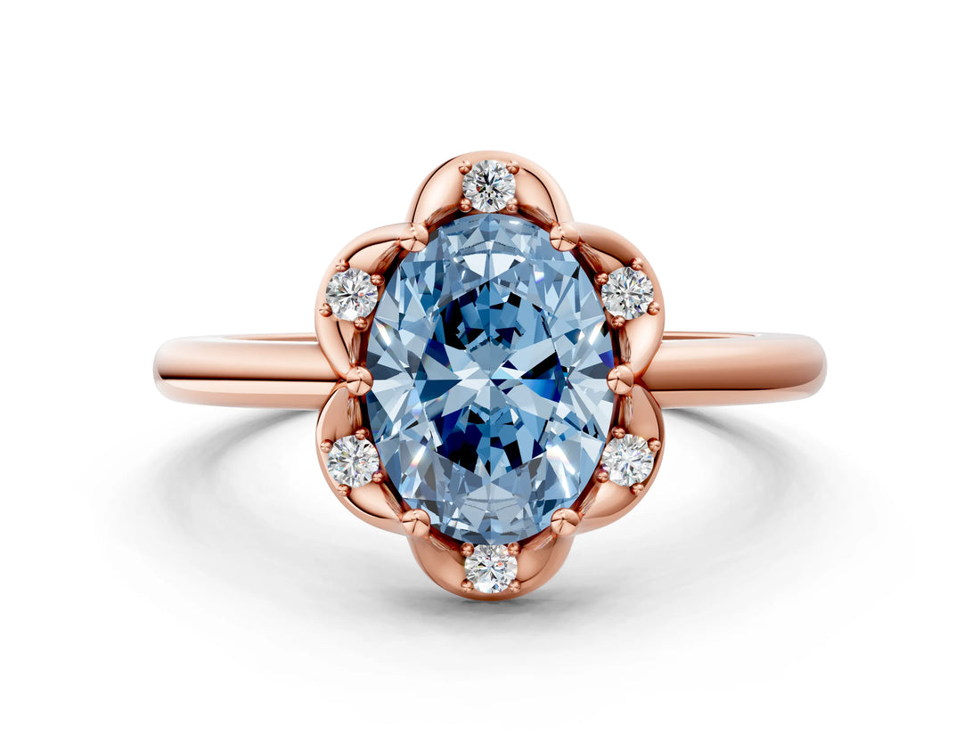 Rose gold Fancy Blue Oval  Halo Diamond Ring with Round Cluster Setting, Solitaire Band, and Four-Prong Setting_49