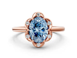 Rose gold Fancy Blue Oval  Halo Diamond Ring with Round Cluster Setting, Solitaire Band, and Four-Prong Setting_49
