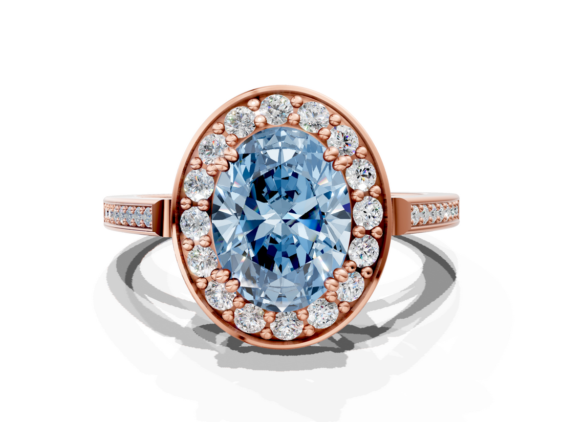 Rose gold Fancy Blue Oval  Halo Diamond Ring with Split Shank and Four-Prong Setting_72