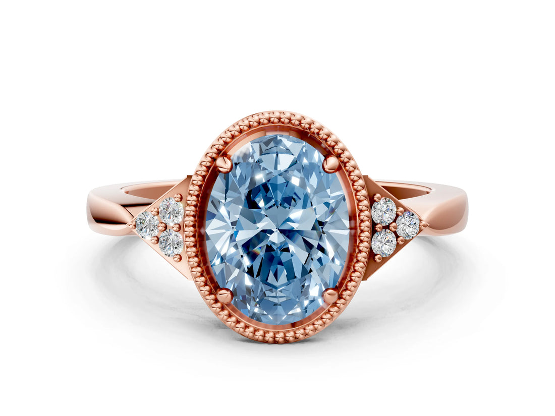 Rose gold Fancy Blue Oval  Halo Diamond Ring with Tapered Band and Four-Prong Setting_3