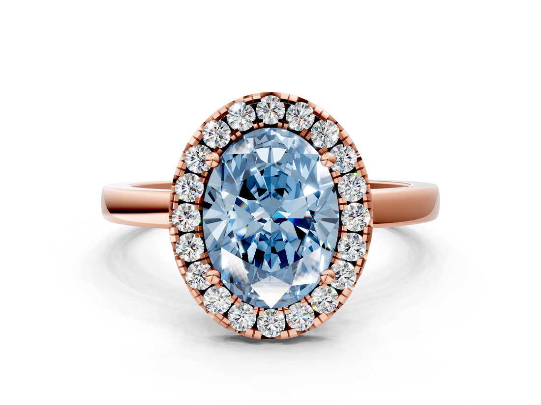 Rose gold Fancy Blue Oval  Halo Diamond Solitaire with Pavé Band and Four-Prong Setting_75