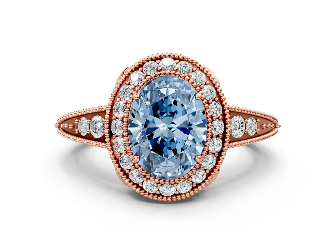 Rose gold Fancy Blue Oval  Halo Diamond Split Shank Ring with Milgrain Detail_48