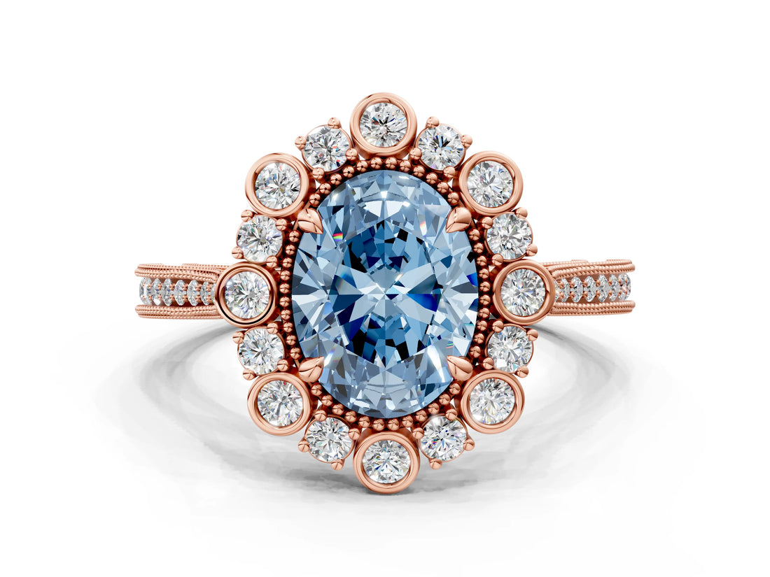 Rose gold Fancy Blue Oval  Halo Milgrain Pave Diamond Ring with Four-Prong Setting 1