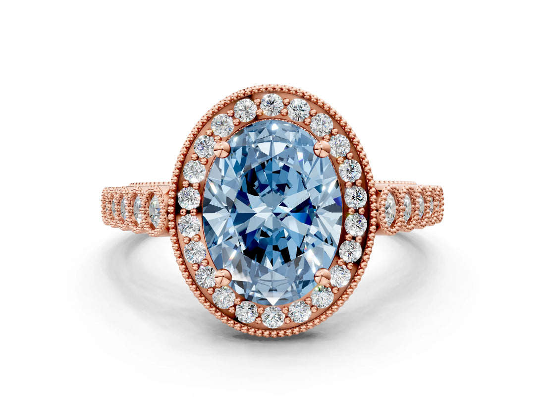 Rose gold Fancy Blue Oval  Halo Milgrain Solitaire with Bezel Set Side Stones and Pave Band_32
