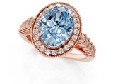 Rose gold Fancy Blue Oval  Halo Milgrain Solitaire with Bezel Set Side Stones and Pave Band_33