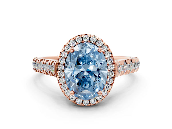 Rose gold Fancy Blue Oval  Halo Pavé Diamond Engagement Ring with Four-Prong Setting