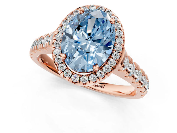 Rose gold Fancy Blue Oval  Halo Pavé Diamond Engagement Ring with Four-Prong Setting