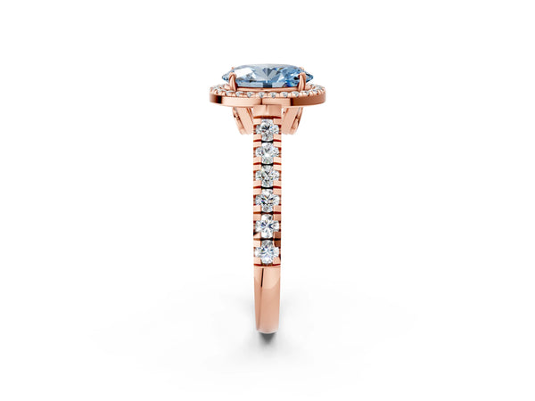 Rose gold Fancy Blue Oval  Halo Pavé Diamond Engagement Ring with Four-Prong Setting