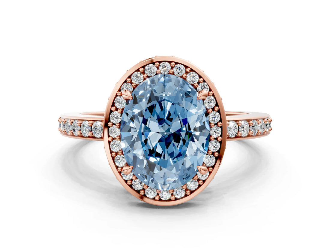 Rose gold Fancy Blue Oval  Halo Pave Band Solitaire Ring with Prong Setting_66
