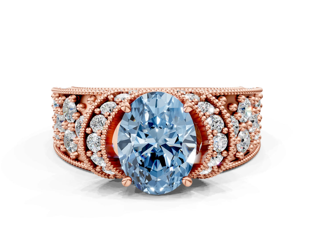 Rose gold Fancy Blue Oval  Halo Pave Diamond Engagement Ring with Milgrain Detailing_48