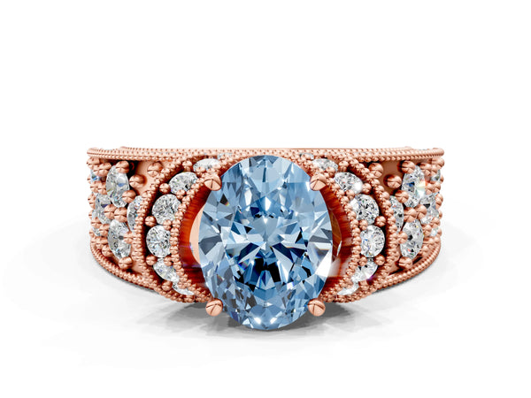 Rose gold Fancy Blue Oval  Halo Pave Diamond Engagement Ring with Milgrain Detailing