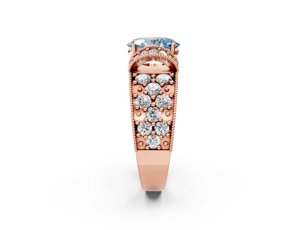 Rose gold Fancy Blue Oval  Halo Pave Diamond Engagement Ring with Milgrain Detailing